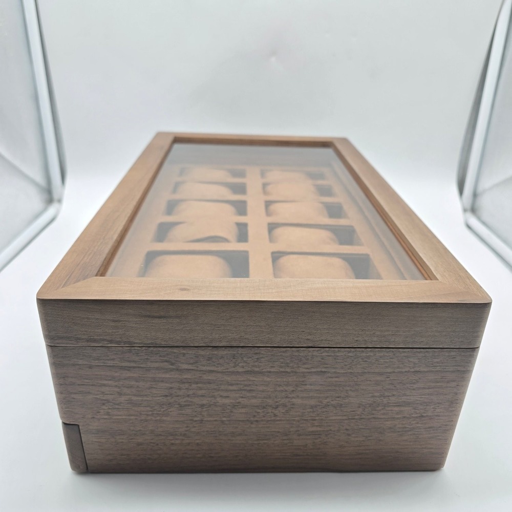 ROTHWELL 12-Slot Walnut Watch Box Glass Top Valet Drawer Lock Organizer Brown - Picture 7 of 11